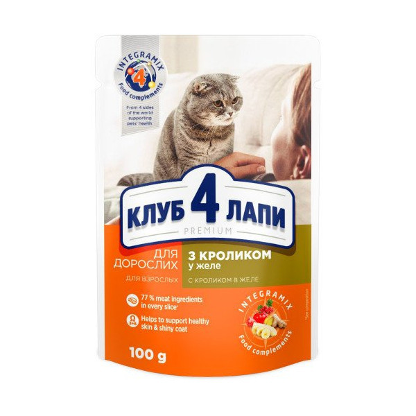 Влажный корм Клуб 4 Лапы Adult Premium для взрослых кошек, с кроликом в желе, 100 г