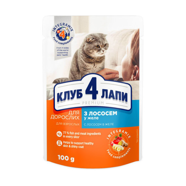 Влажный корм Клуб 4 Лапы Adult Premium для взрослых кошек, с лососем в желе, 100 г
