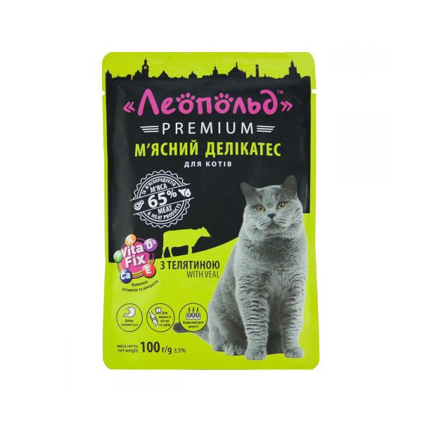 Влажный корм Леопольд Premium Мясной деликатес для кошек, с телятиной, 100 г