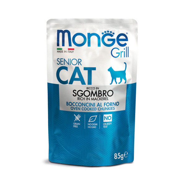 Влажный корм Monge Cat Grill Senior для кошек, запеченные кусочки в соусе, с макрелью, 85 г