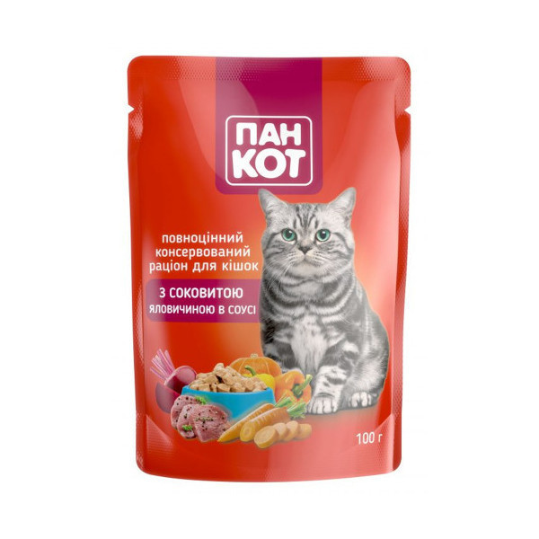 Влажный корм Пан Кот для взрослых кошек, с сочной говядиной в соусе, 100 г