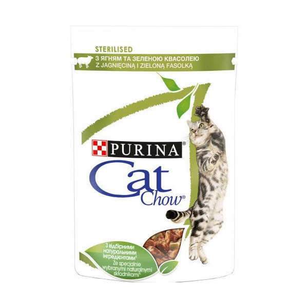 Влажный корм Purina Cat Chow Sterilised для стерилизованных кошек, с ягненком и зеленой фасолью, 85 г
